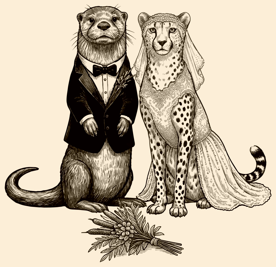 Illustrated otter in a tuxedo and cheetah in a wedding gown, standing side by side with a bouquet.